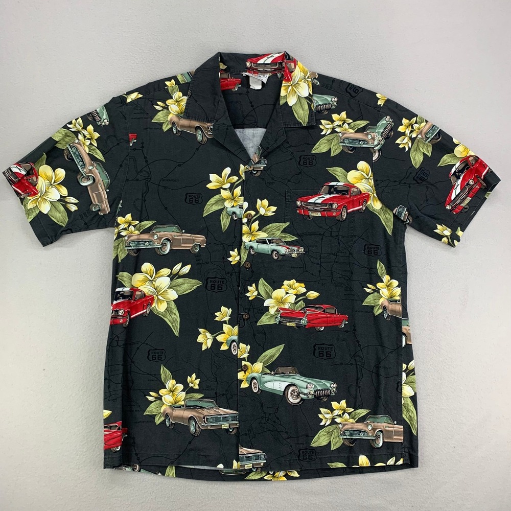 VTG 80s Camp Shirt Mens Large Black Hawaiian Cars Floral Mustang Corvette Camaro